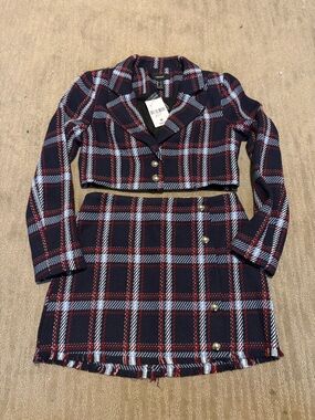 Forever 21 Navy, Red & White Plaid Cropped Blazer + Skirt Set